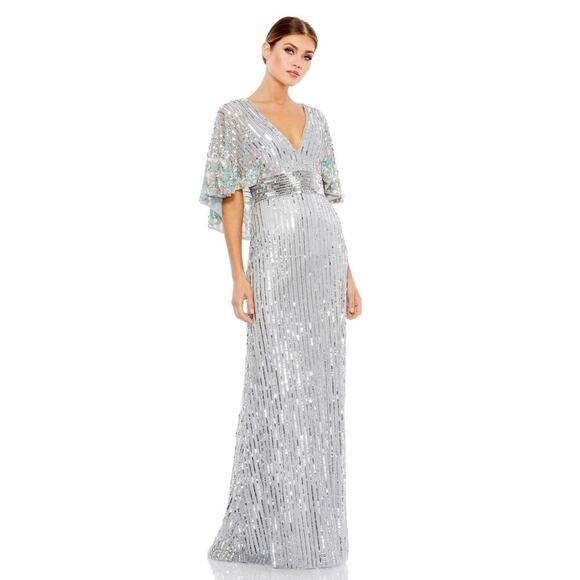 Mac Duggal 5221 Sequins Floral Embellished Cape Sleeves Platinum Gown 12 NWT - Picture 3 of 11